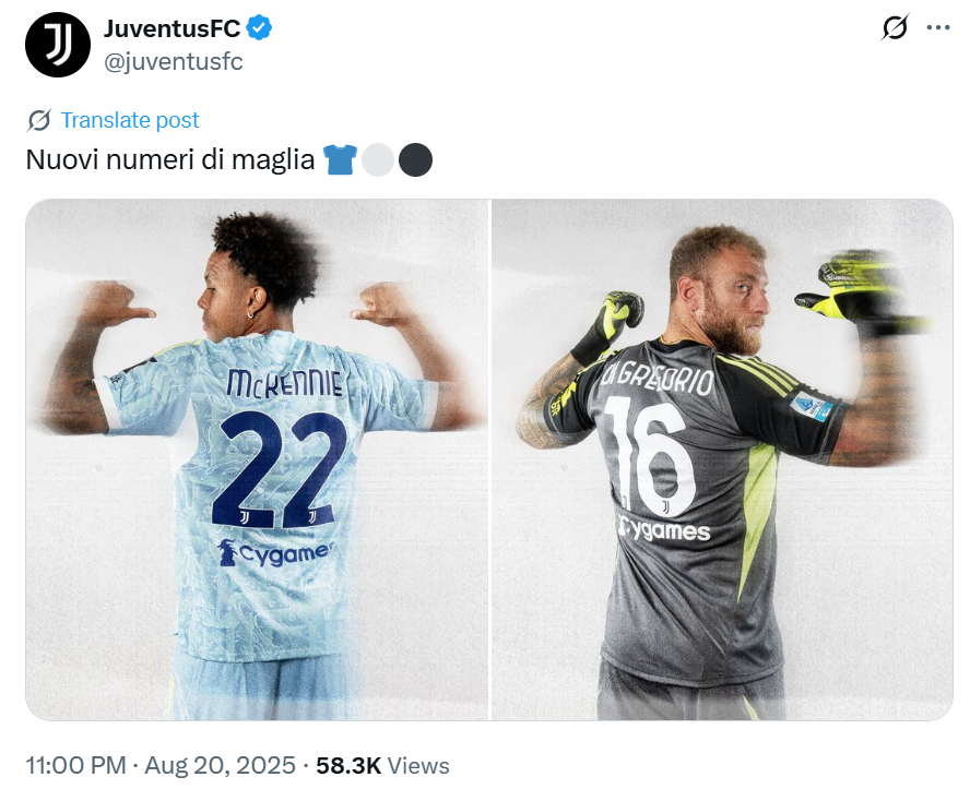 在线竞猜-尤文官方：麦肯尼新赛季号码变更至22号，迪格雷戈里奥变更至16号