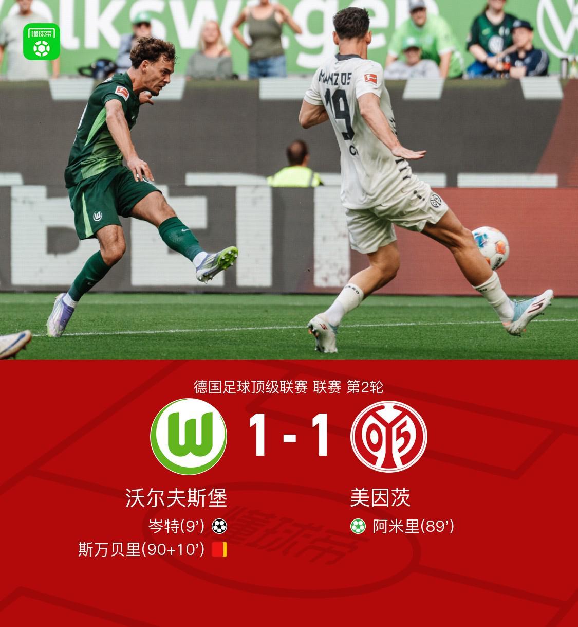 沃尔夫斯堡1-1美因茨，岑特先拔头筹，阿米里扳平比分